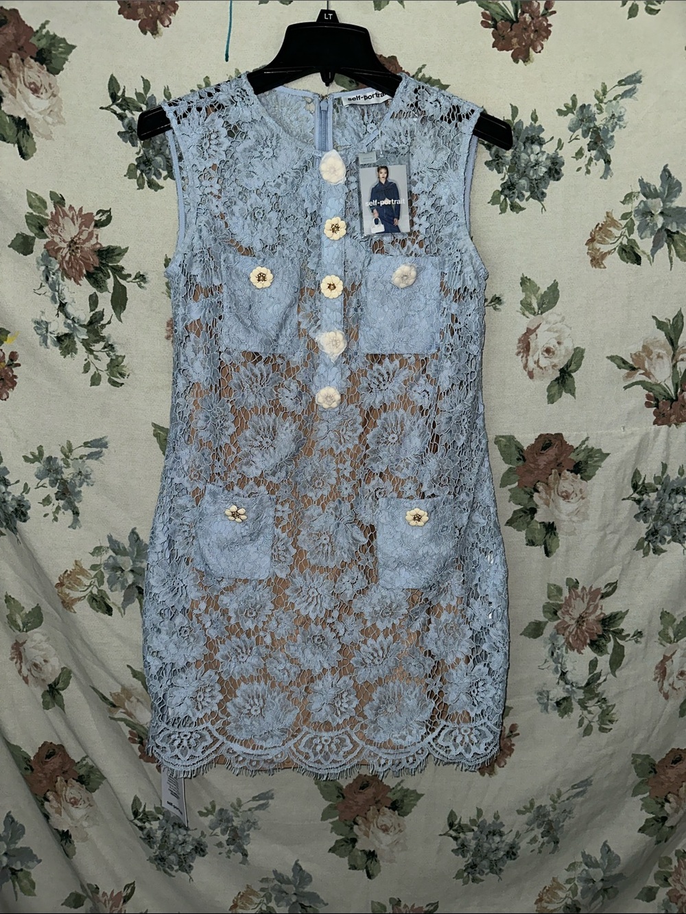 Self-Portrait Powder Blue Sleeveless Floral Lace Shift Dress